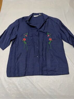 Embroidered Navy Button-Down Shirt with Floral Detail